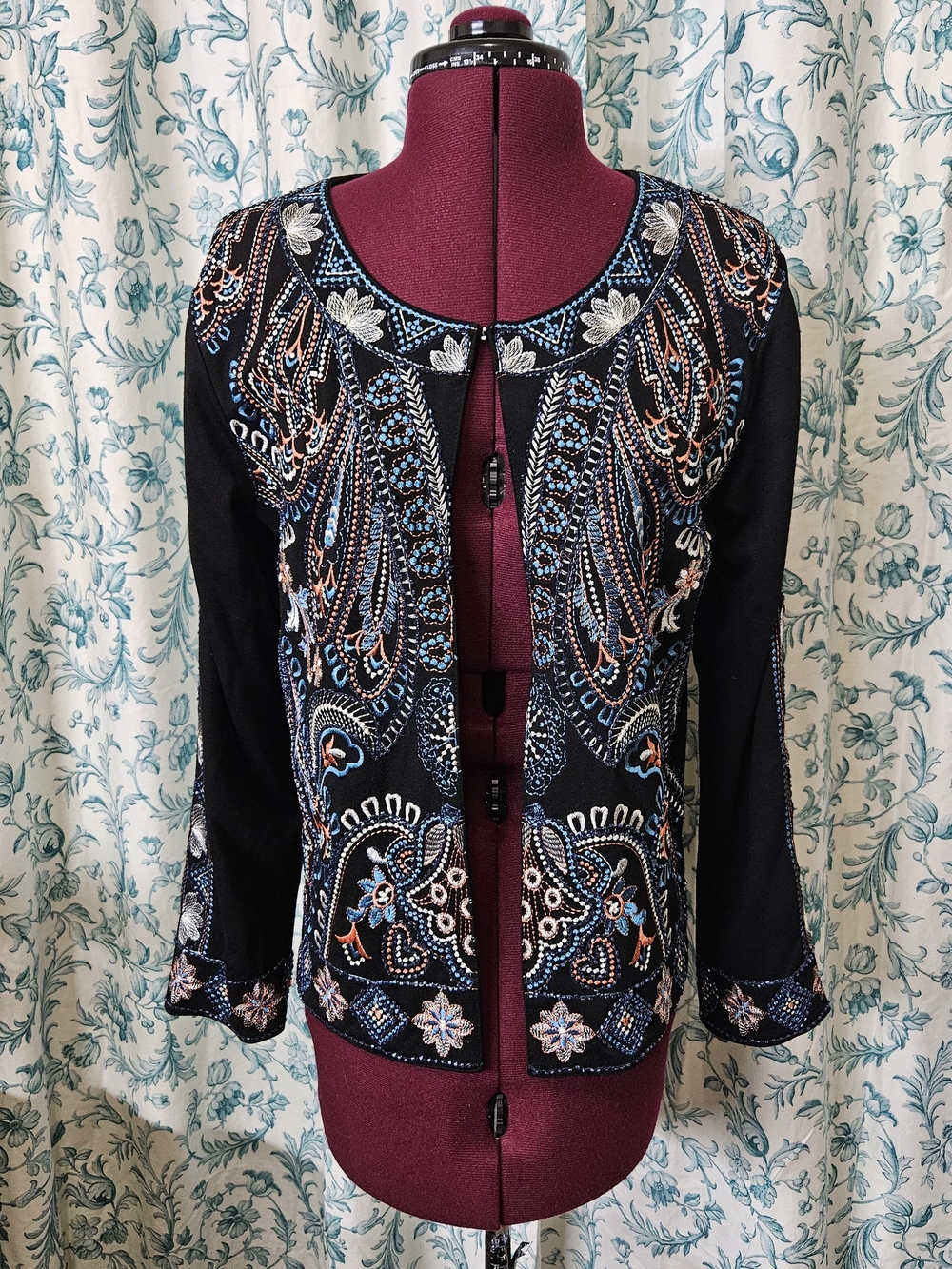 T&J Designs Black Beaded Embroidered Open-Front Jacket